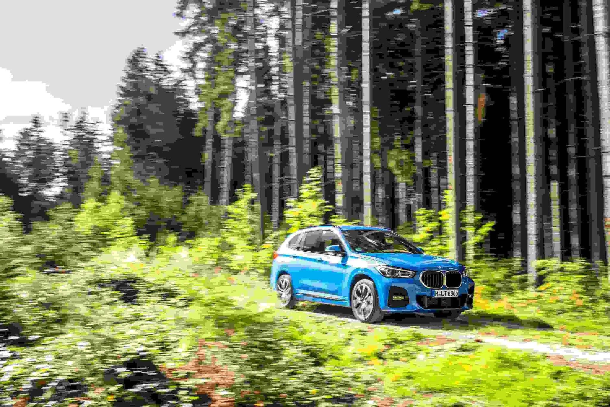 Blue BMW X1 driving through the woods