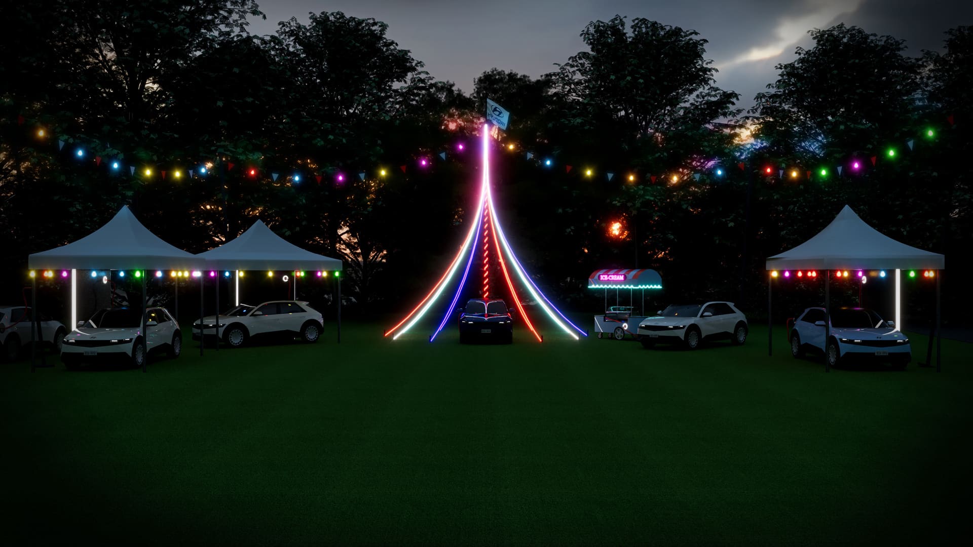 Village Fete scene lit up at night with Hyundai Cars, Maypole, ice-cream stand and gazebo