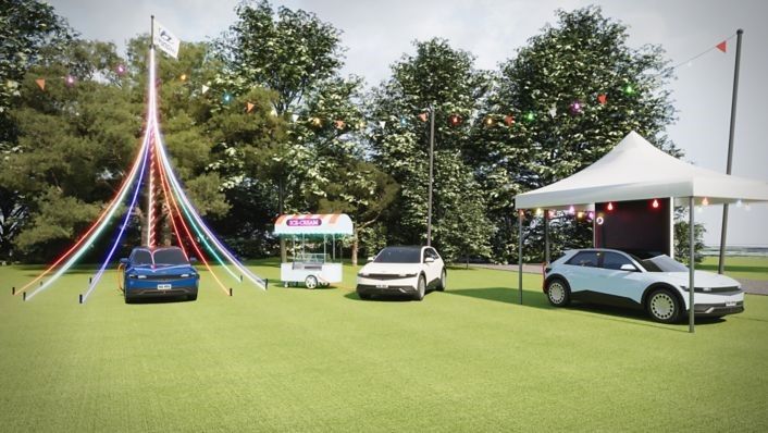 Village Fete scene with Hyundai Cars, Maypole, ice-cream stand and gazebo