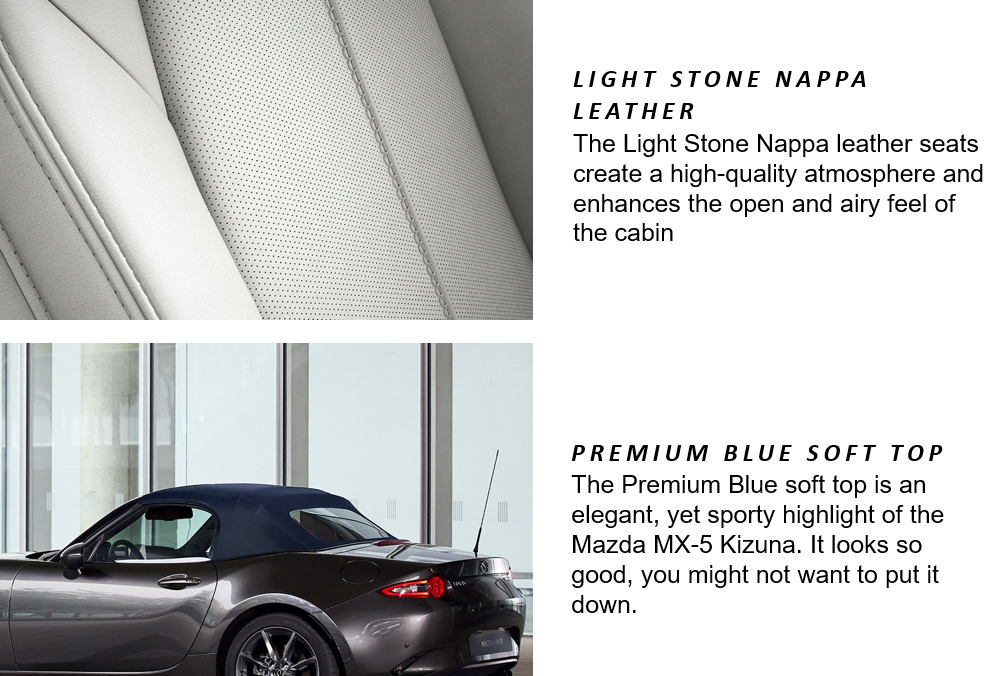 MX5 Kizuna. Interior: Light Stone Nappa Leather. Exterior: Premium SOft BLue Top